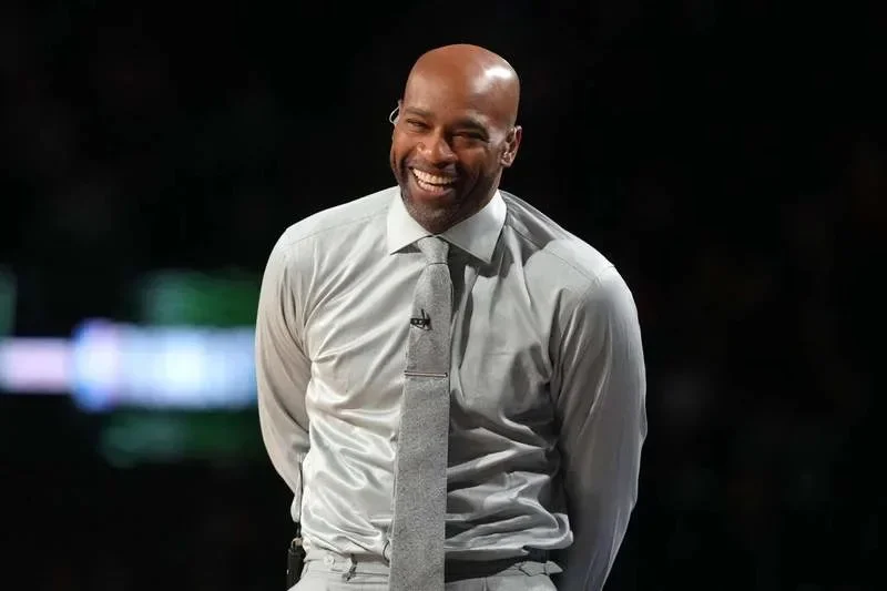 Feb 13, 2026; Inglewood, California, USA; Team Vince honorary coach Vince Carter looks on during an NBA All Star Rising Stars game at Intuit Dome. Mandatory Credit: Kirby Lee-Imagn Images